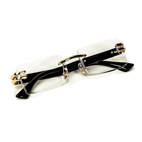 Men's Retro 90's Rimless Clear Tinted Lens Rectangle Gold Frame Glasses - Picture 4 of 6